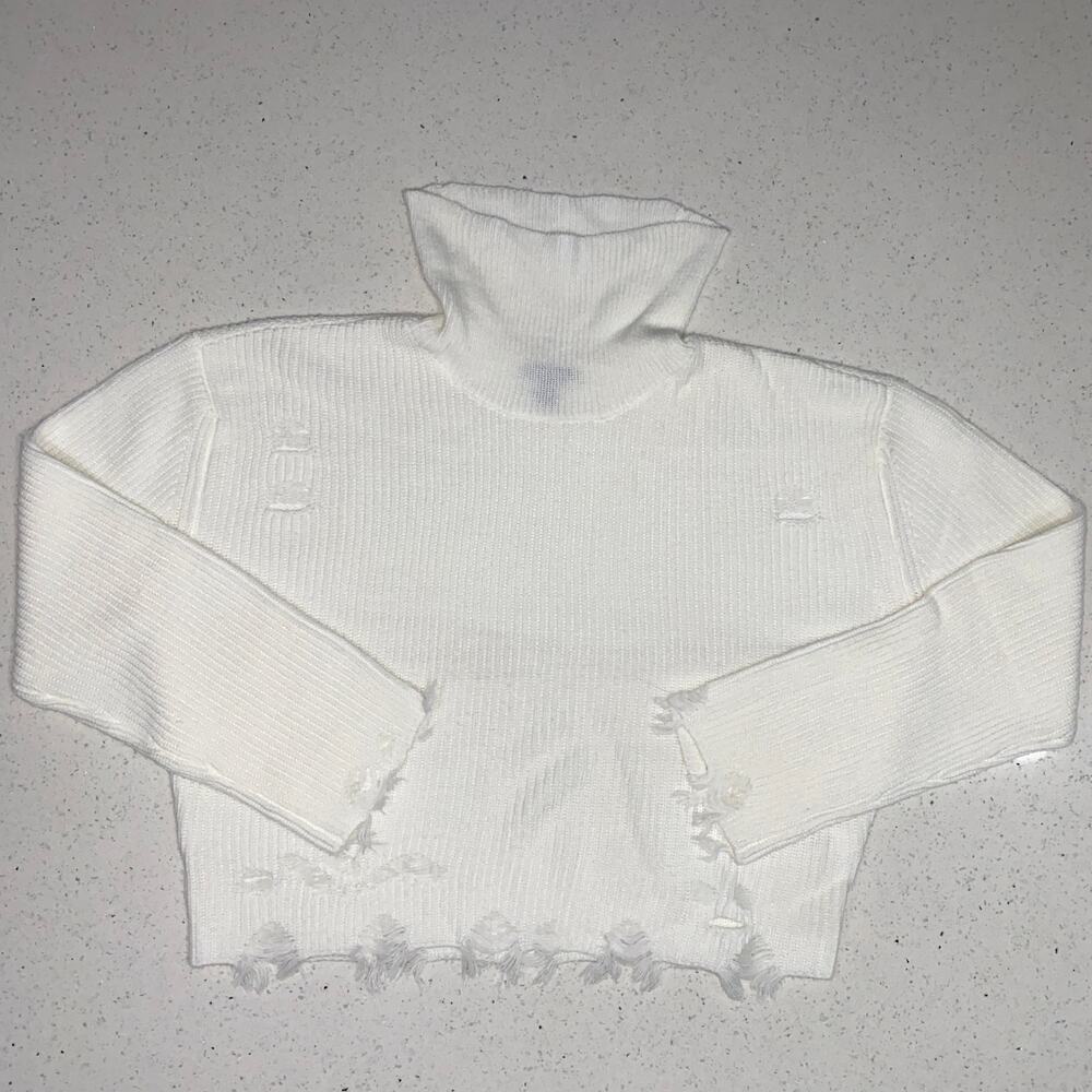 Versona Women’s XL Cream Distressed Crop Top Long Sleeve Turtleneck Sweater.